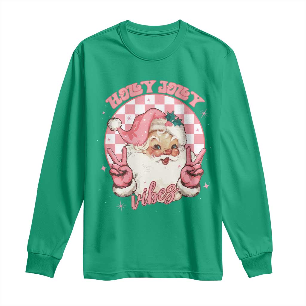 Funny Christmas Long Sleeve Shirt Holly Jolly Vibes Retro Pink Santa TS11 Irish Green Print Your Wear