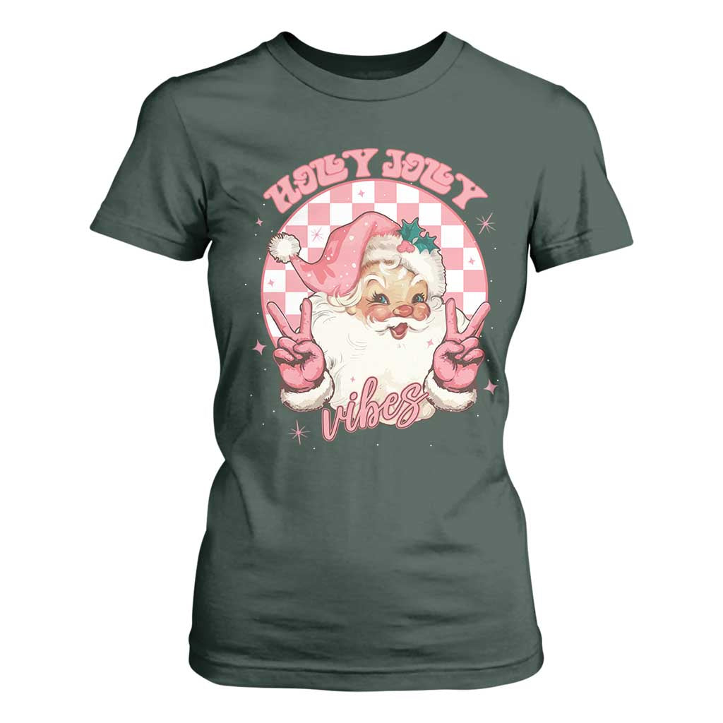 Funny Christmas T Shirt For Women Holly Jolly Vibes Retro Pink Santa TS11 Dark Forest Green Print Your Wear