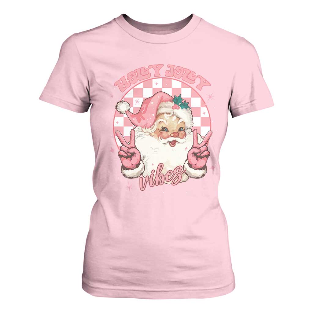 Funny Christmas T Shirt For Women Holly Jolly Vibes Retro Pink Santa TS11 Light Pink Print Your Wear