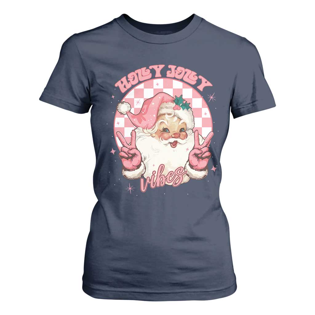 Funny Christmas T Shirt For Women Holly Jolly Vibes Retro Pink Santa TS11 Navy Print Your Wear
