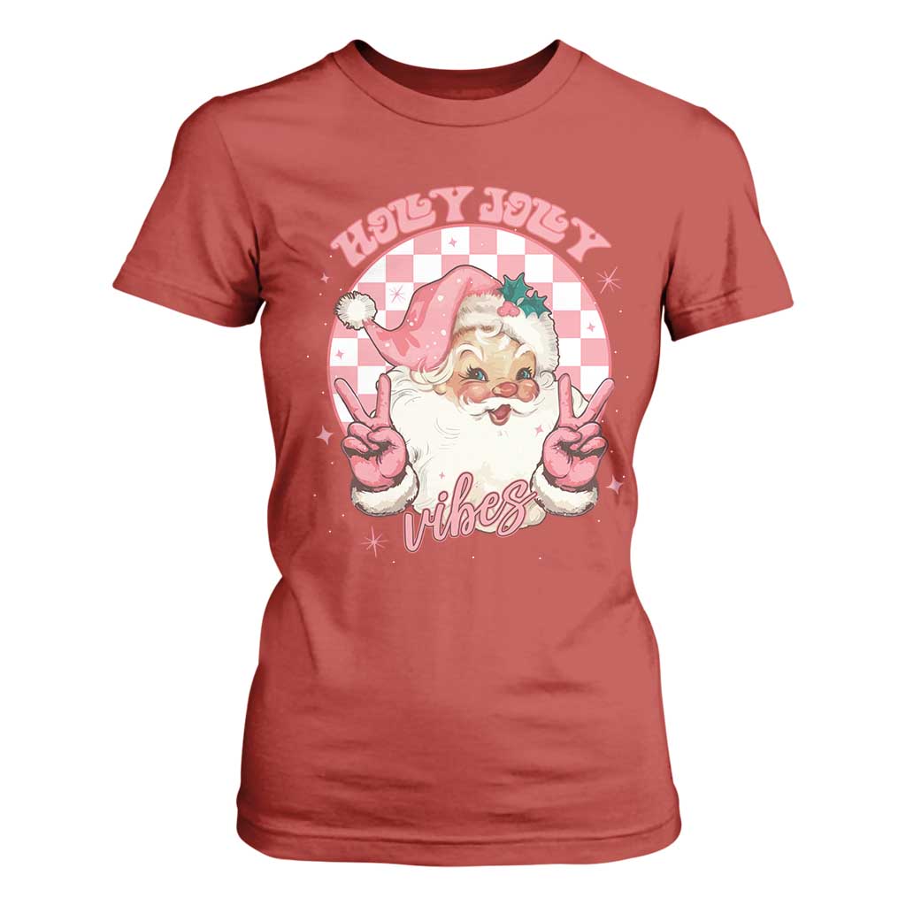 Funny Christmas T Shirt For Women Holly Jolly Vibes Retro Pink Santa TS11 Red Print Your Wear