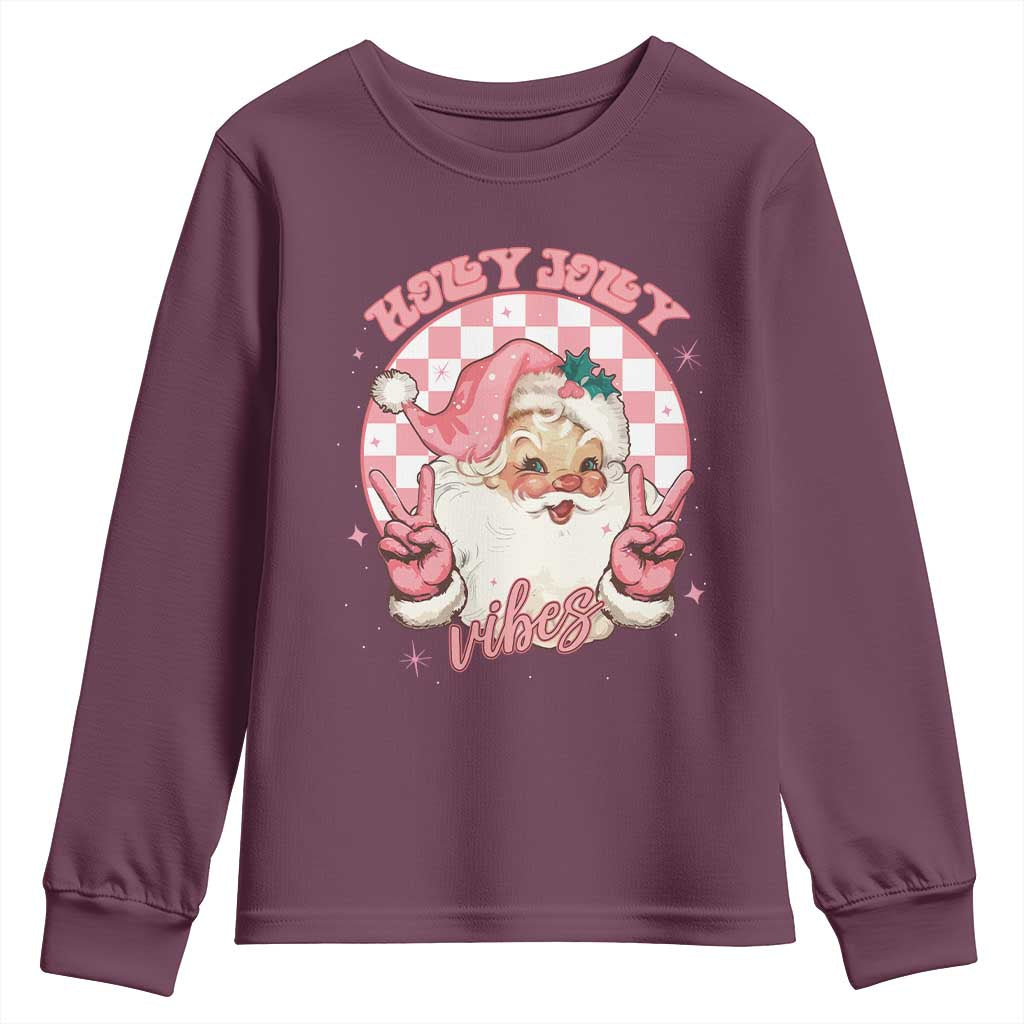 Funny Christmas Youth Sweatshirt Holly Jolly Vibes Retro Pink Santa TS11 Maroon Print Your Wear