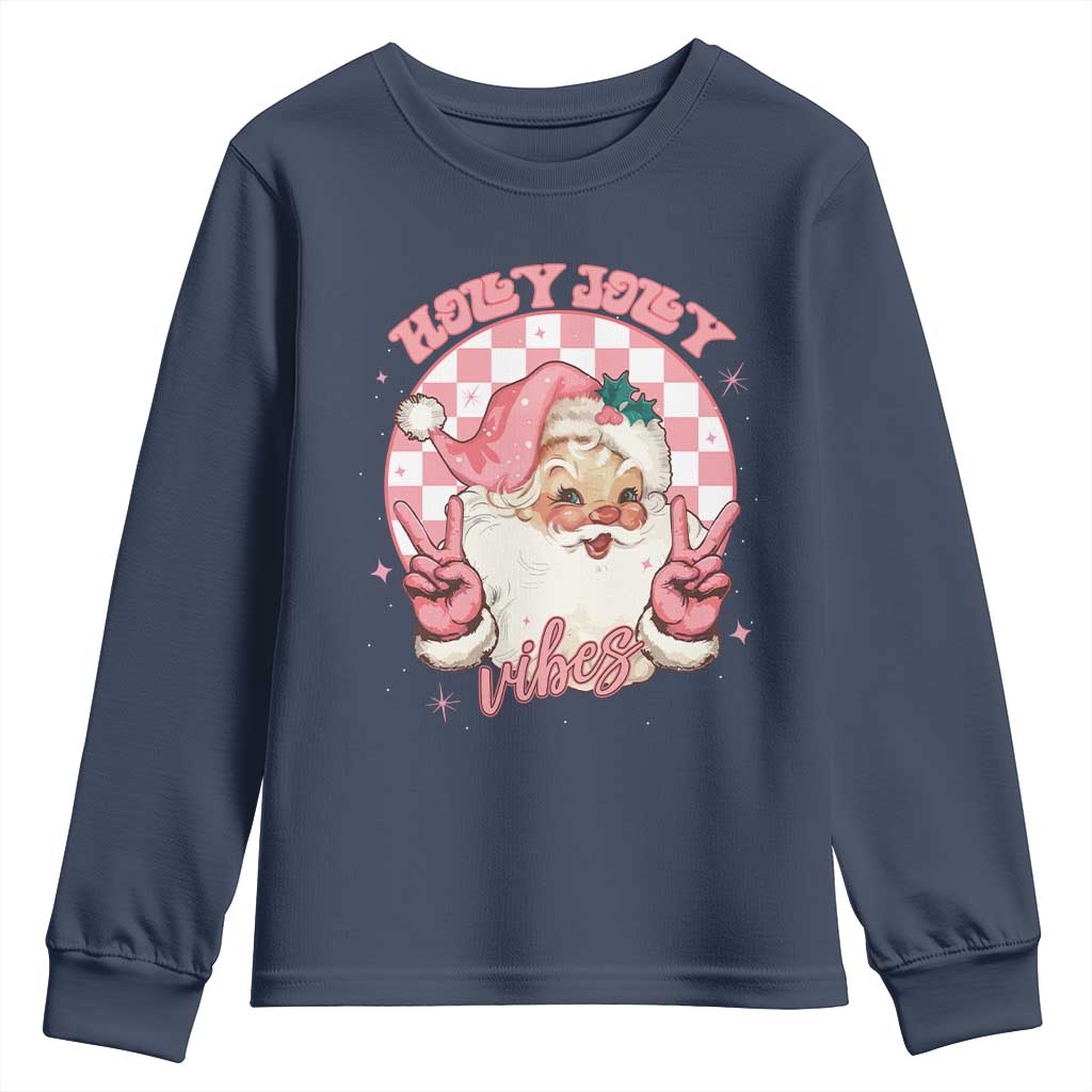 Funny Christmas Youth Sweatshirt Holly Jolly Vibes Retro Pink Santa TS11 Navy Print Your Wear