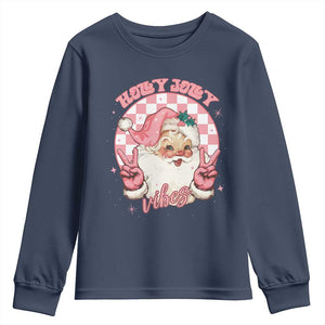 Funny Christmas Youth Sweatshirt Holly Jolly Vibes Retro Pink Santa TS11 Navy Print Your Wear
