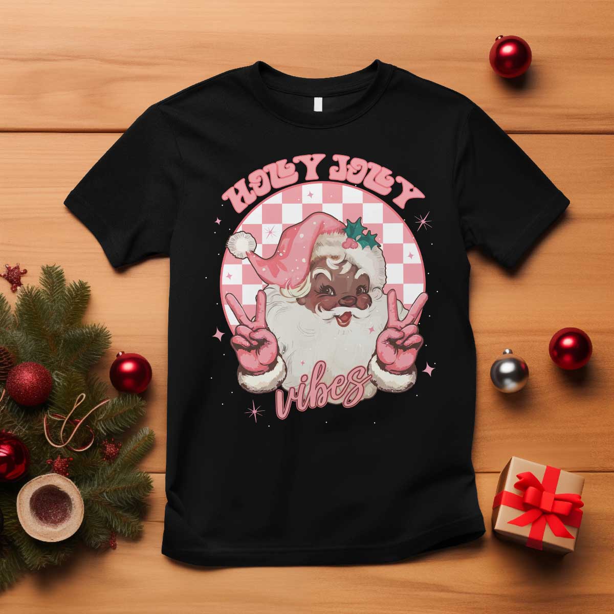 Funny Pink Christmas Retro Black Santa T Shirt Holly Jolly Vibes TS11 Black Print Your Wear