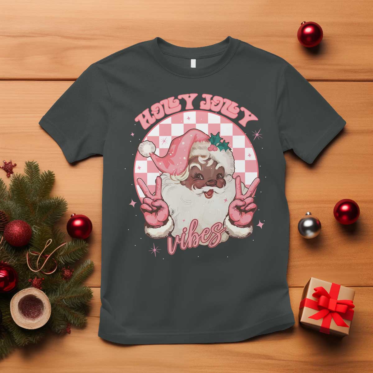 Funny Pink Christmas Retro Black Santa T Shirt Holly Jolly Vibes TS11 Dark Heather Print Your Wear