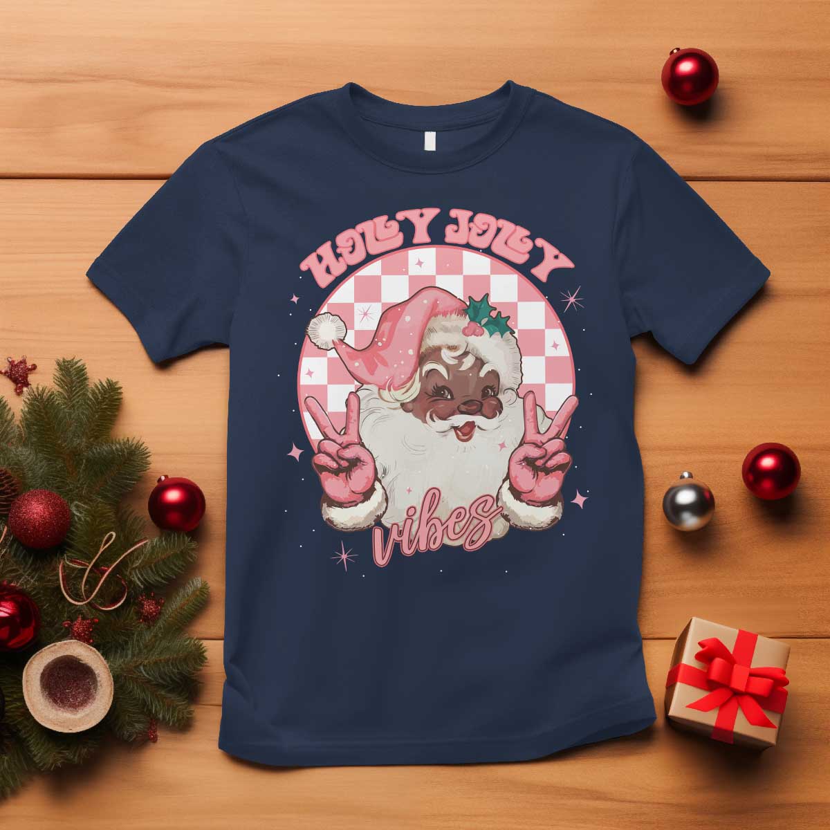 Funny Pink Christmas Retro Black Santa T Shirt Holly Jolly Vibes TS11 Navy Print Your Wear