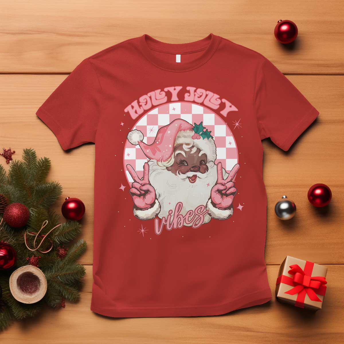 Funny Pink Christmas Retro Black Santa T Shirt Holly Jolly Vibes TS11 Red Print Your Wear