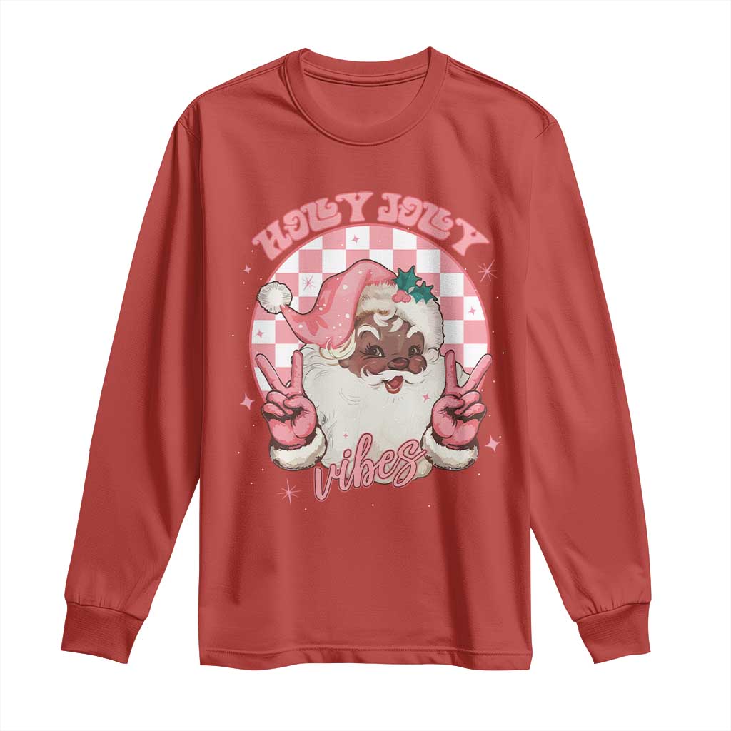 Funny Pink Christmas Retro Black Santa Long Sleeve Shirt Holly Jolly Vibes TS11 Red Print Your Wear