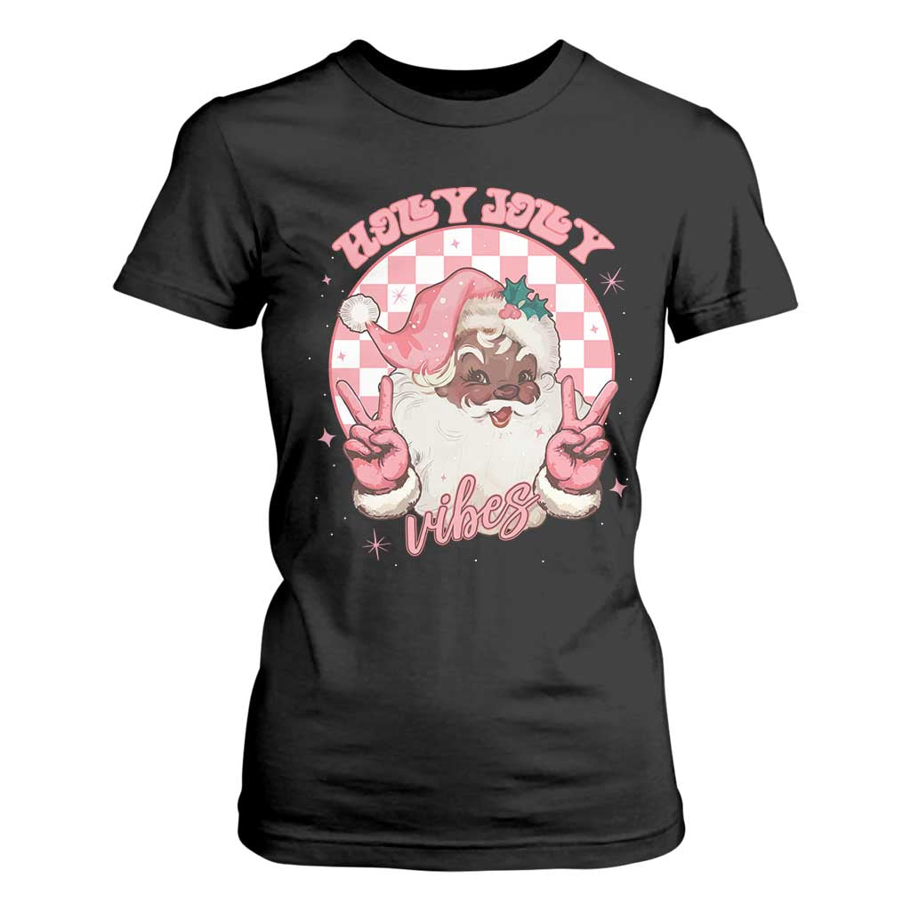 Funny Pink Christmas Retro Black Santa T Shirt For Women Holly Jolly Vibes TS11 Black Print Your Wear