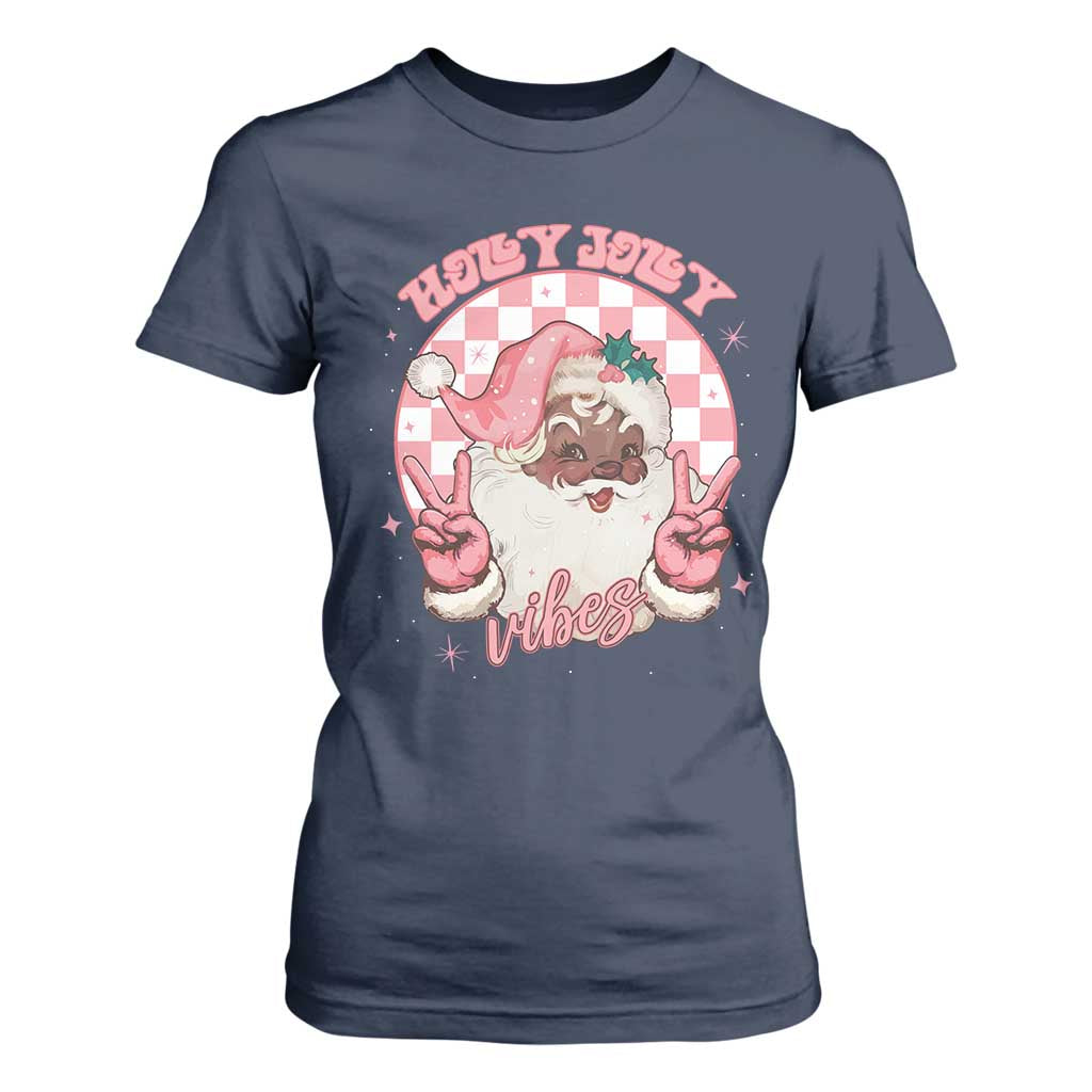 Funny Pink Christmas Retro Black Santa T Shirt For Women Holly Jolly Vibes TS11 Navy Print Your Wear