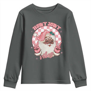 Funny Pink Christmas Retro Black Santa Youth Sweatshirt Holly Jolly Vibes TS11 Dark Heather Print Your Wear