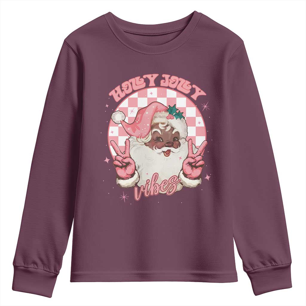 Funny Pink Christmas Retro Black Santa Youth Sweatshirt Holly Jolly Vibes TS11 Maroon Print Your Wear