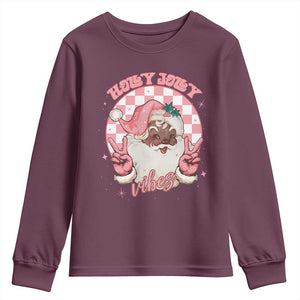 Funny Pink Christmas Retro Black Santa Youth Sweatshirt Holly Jolly Vibes TS11 Maroon Print Your Wear