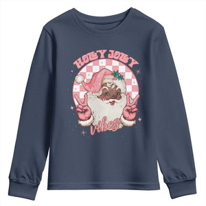 Funny Pink Christmas Retro Black Santa Youth Sweatshirt Holly Jolly Vibes TS11 Navy Print Your Wear