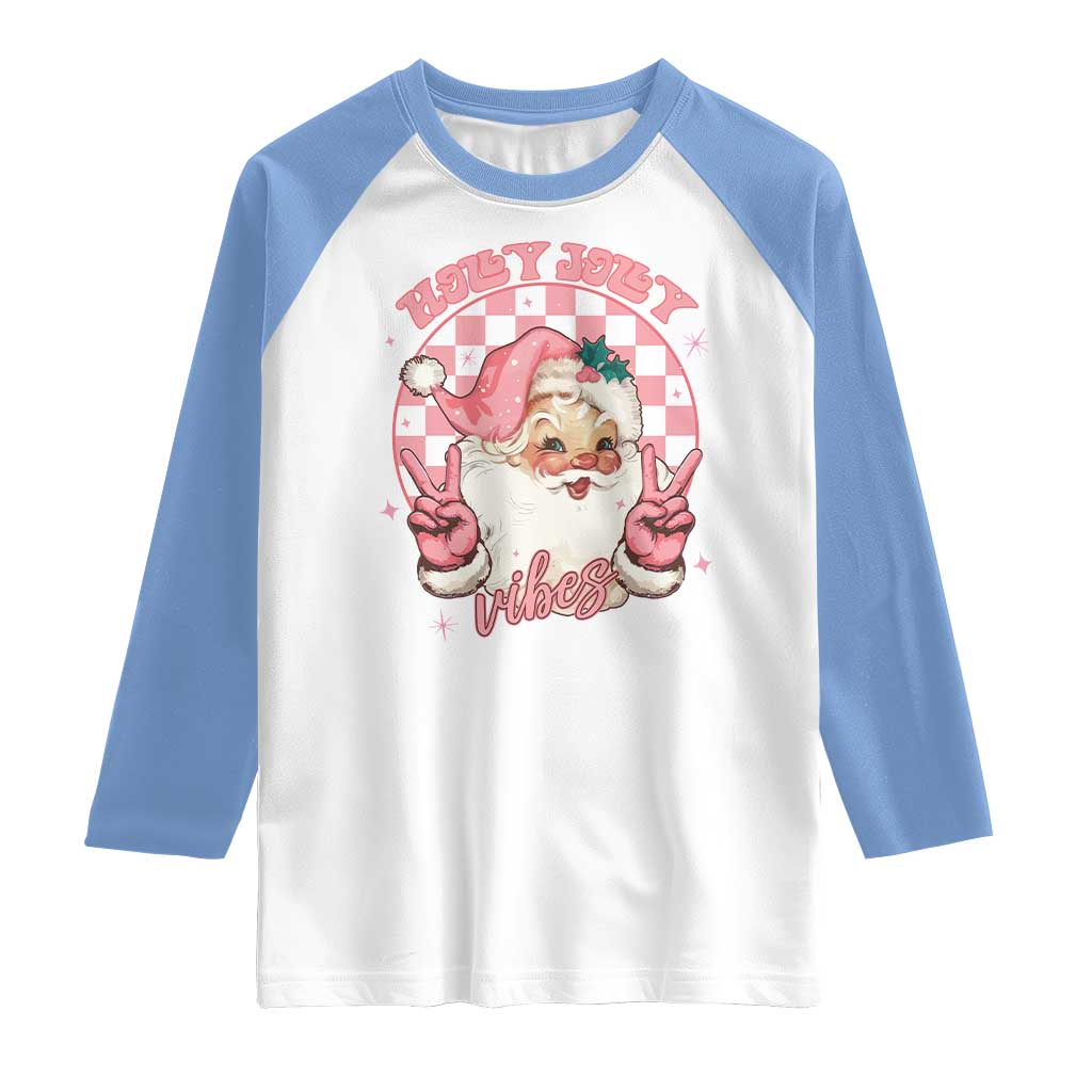 Funny Christmas Raglan Shirt Holly Jolly Vibes Retro Pink Santa TS11 White Carolina Blue Print Your Wear