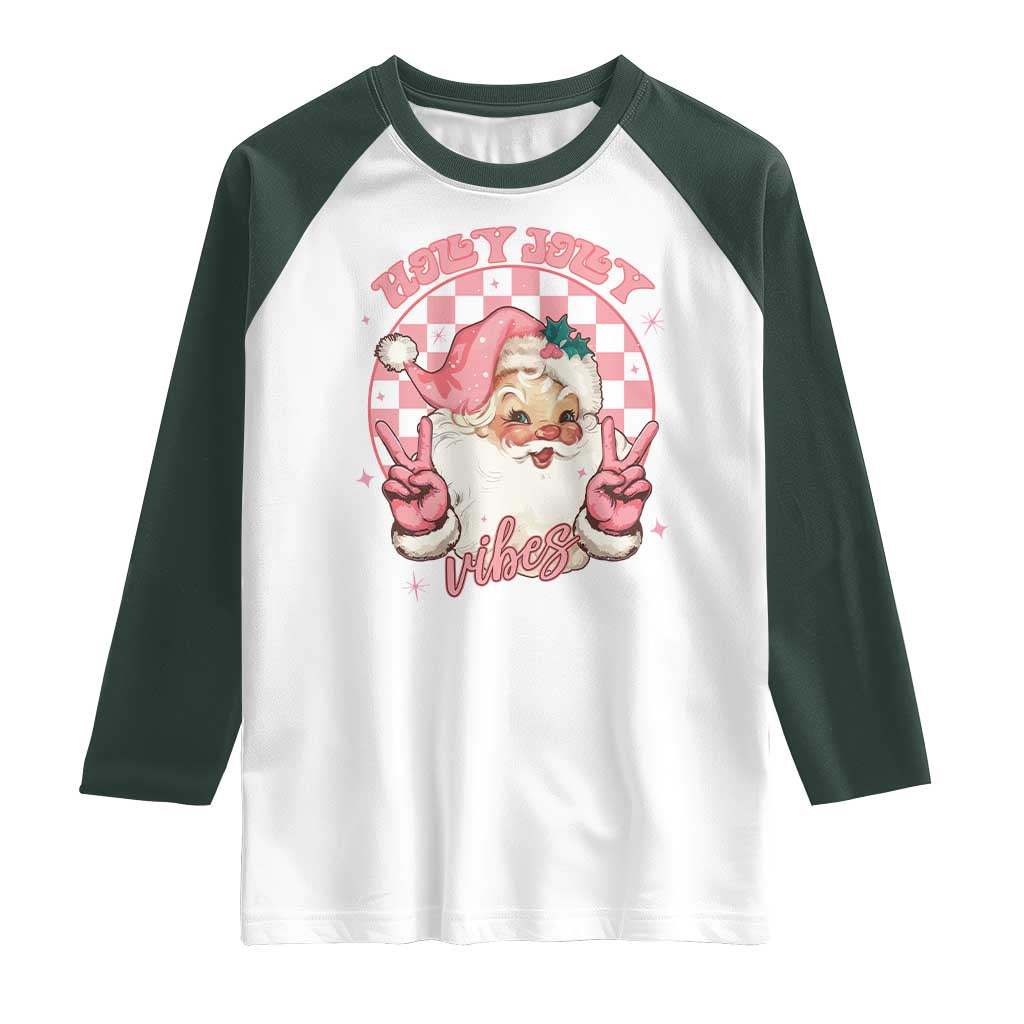 Funny Christmas Raglan Shirt Holly Jolly Vibes Retro Pink Santa TS11 White Dark Forest Green Print Your Wear