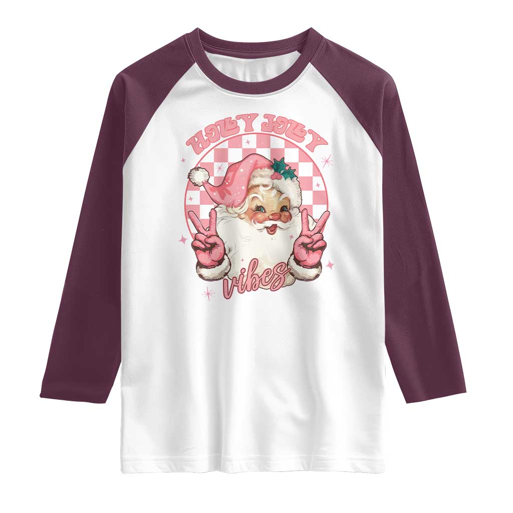 Funny Christmas Raglan Shirt Holly Jolly Vibes Retro Pink Santa TS11 White Maroon Print Your Wear