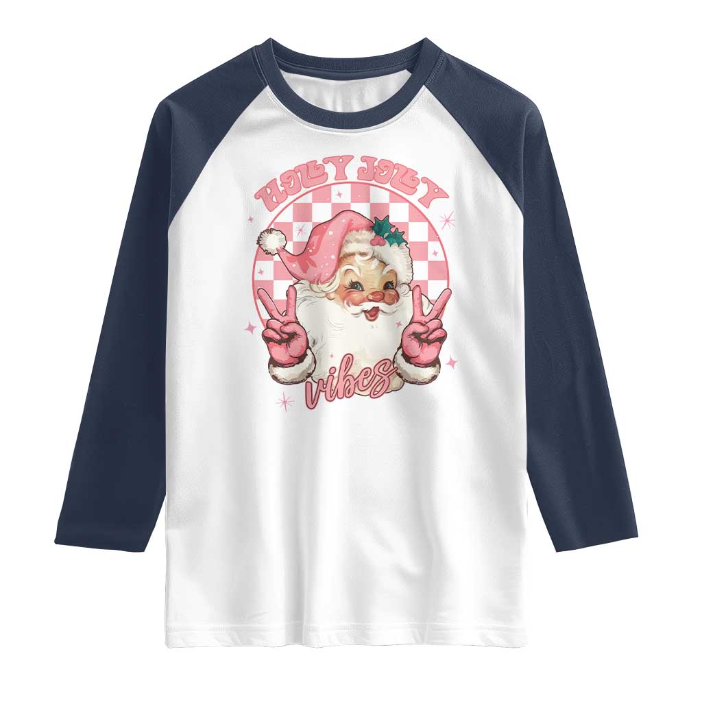 Funny Christmas Raglan Shirt Holly Jolly Vibes Retro Pink Santa TS11 White Navy Print Your Wear