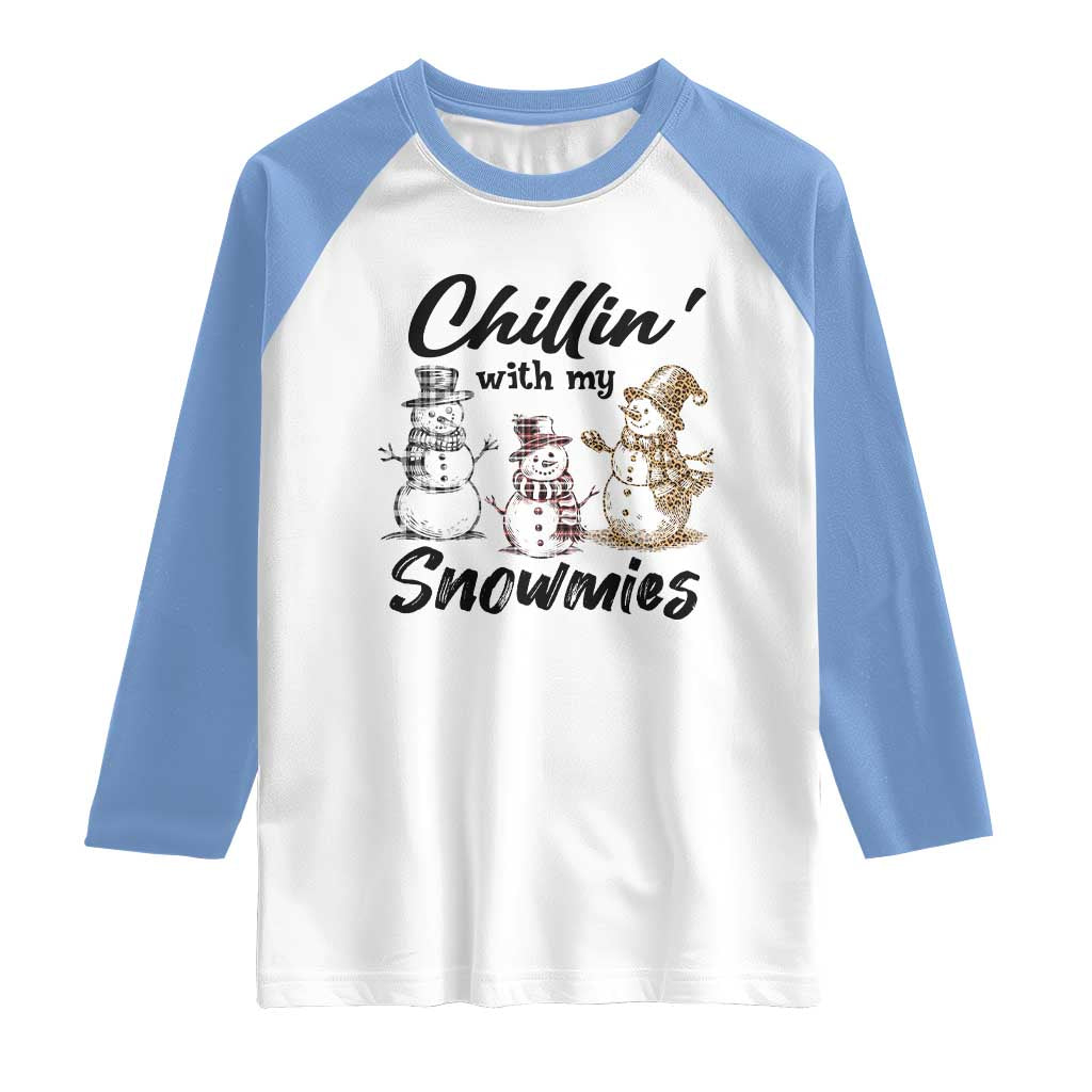 Funny Christmas Raglan Shirt Chilln' With My Snowmies Plaid Snowman TS11 White Carolina Blue Print Your Wear