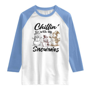 Funny Christmas Raglan Shirt Chilln' With My Snowmies Plaid Snowman TS11 White Carolina Blue Print Your Wear