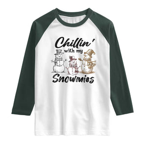 Funny Christmas Raglan Shirt Chilln' With My Snowmies Plaid Snowman TS11 White Dark Forest Green Print Your Wear