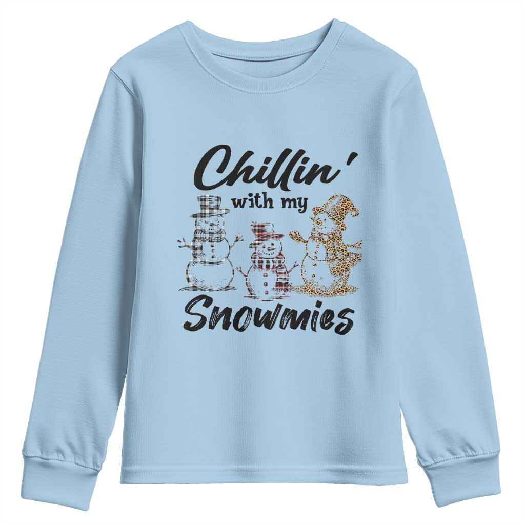 Funny Christmas Youth Sweatshirt Chilln' With My Snowmies Plaid Snowman TS11 Light Blue Print Your Wear