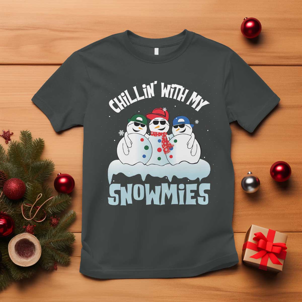 Funny Christmas Snowman T Shirt Chillin' With My Snowmies Squad TS11 Dark Heather Print Your Wear