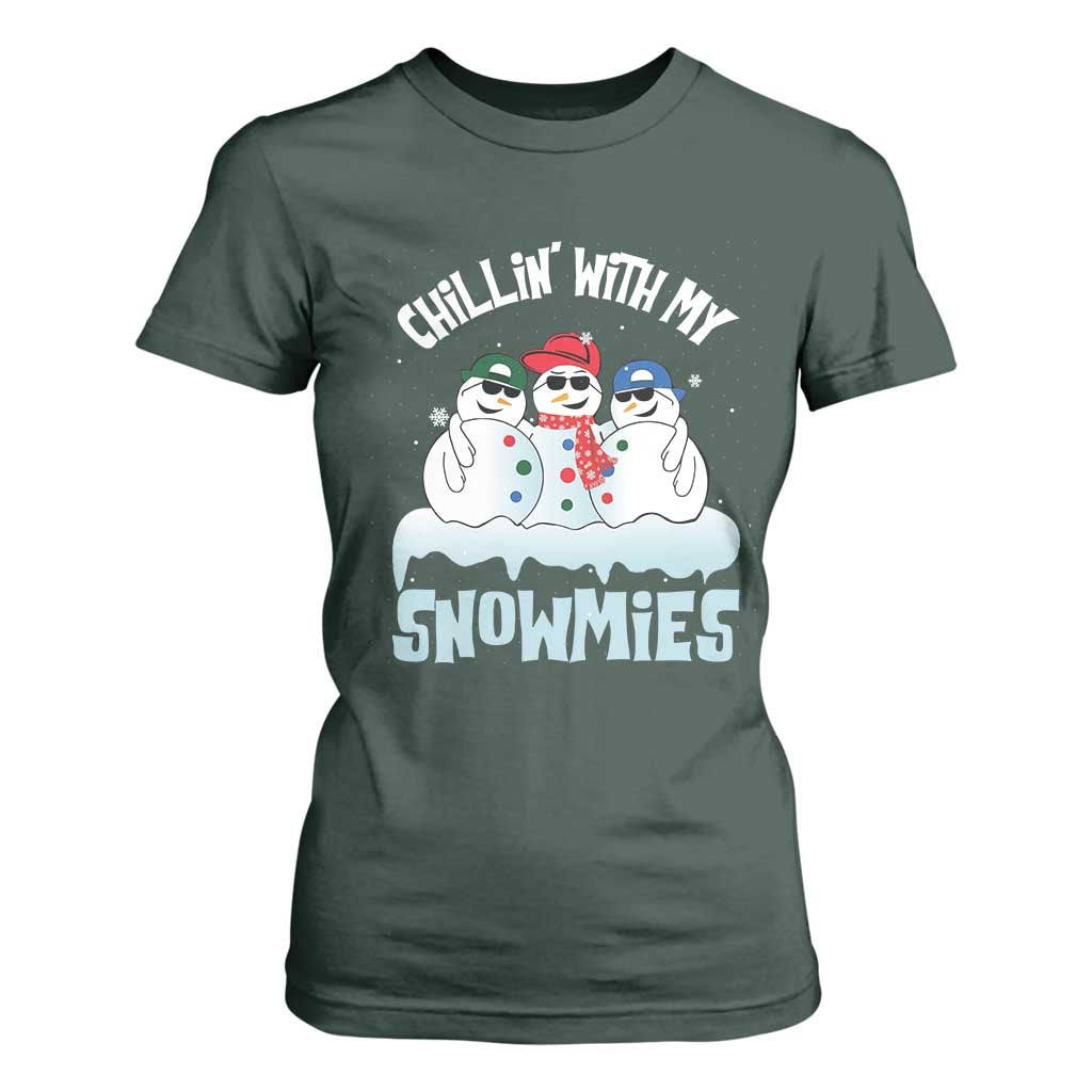 Funny Christmas Snowman T Shirt For Women Chillin' With My Snowmies Squad TS11 Dark Forest Green Print Your Wear