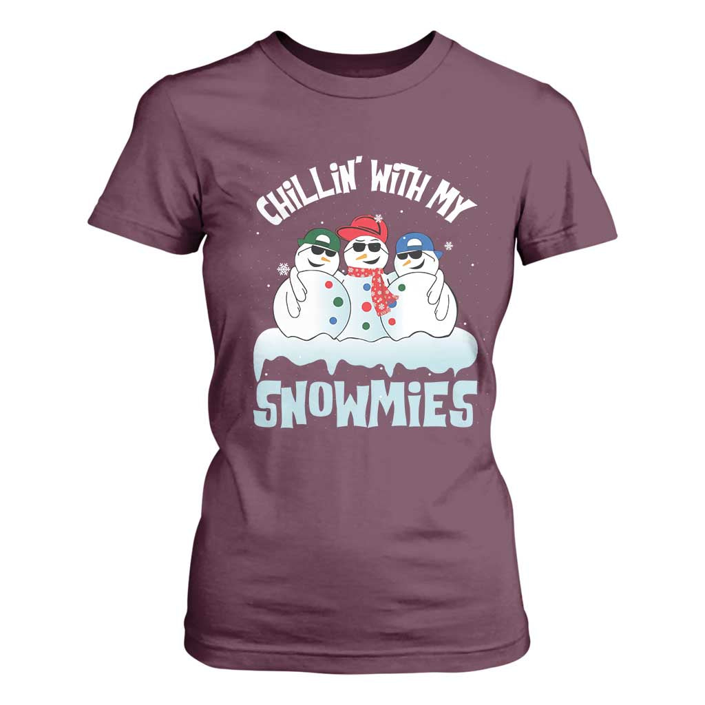 Funny Christmas Snowman T Shirt For Women Chillin' With My Snowmies Squad TS11 Maroon Print Your Wear