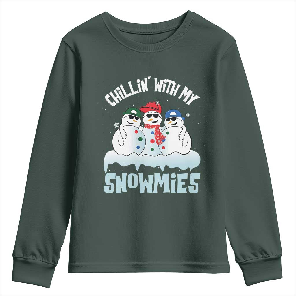 Funny Christmas Snowman Youth Sweatshirt Chillin' With My Snowmies Squad TS11 Dark Forest Green Print Your Wear