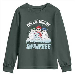 Funny Christmas Snowman Youth Sweatshirt Chillin' With My Snowmies Squad TS11 Dark Forest Green Print Your Wear