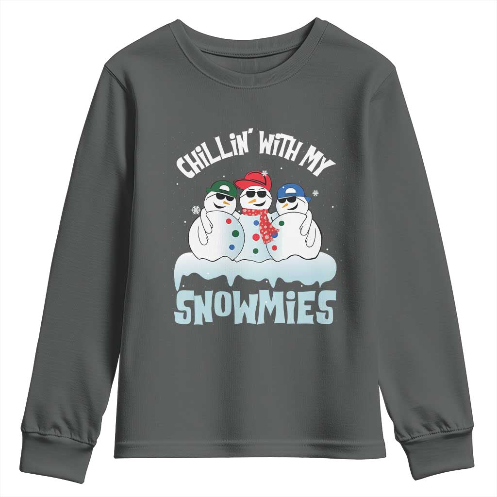 Funny Christmas Snowman Youth Sweatshirt Chillin' With My Snowmies Squad TS11 Dark Heather Print Your Wear