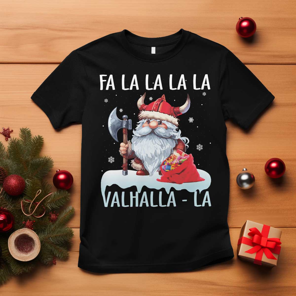 Viking Christmas T Shirt Fa La La La Valhalla La Viking Santa Gnome TS11 Black Print Your Wear