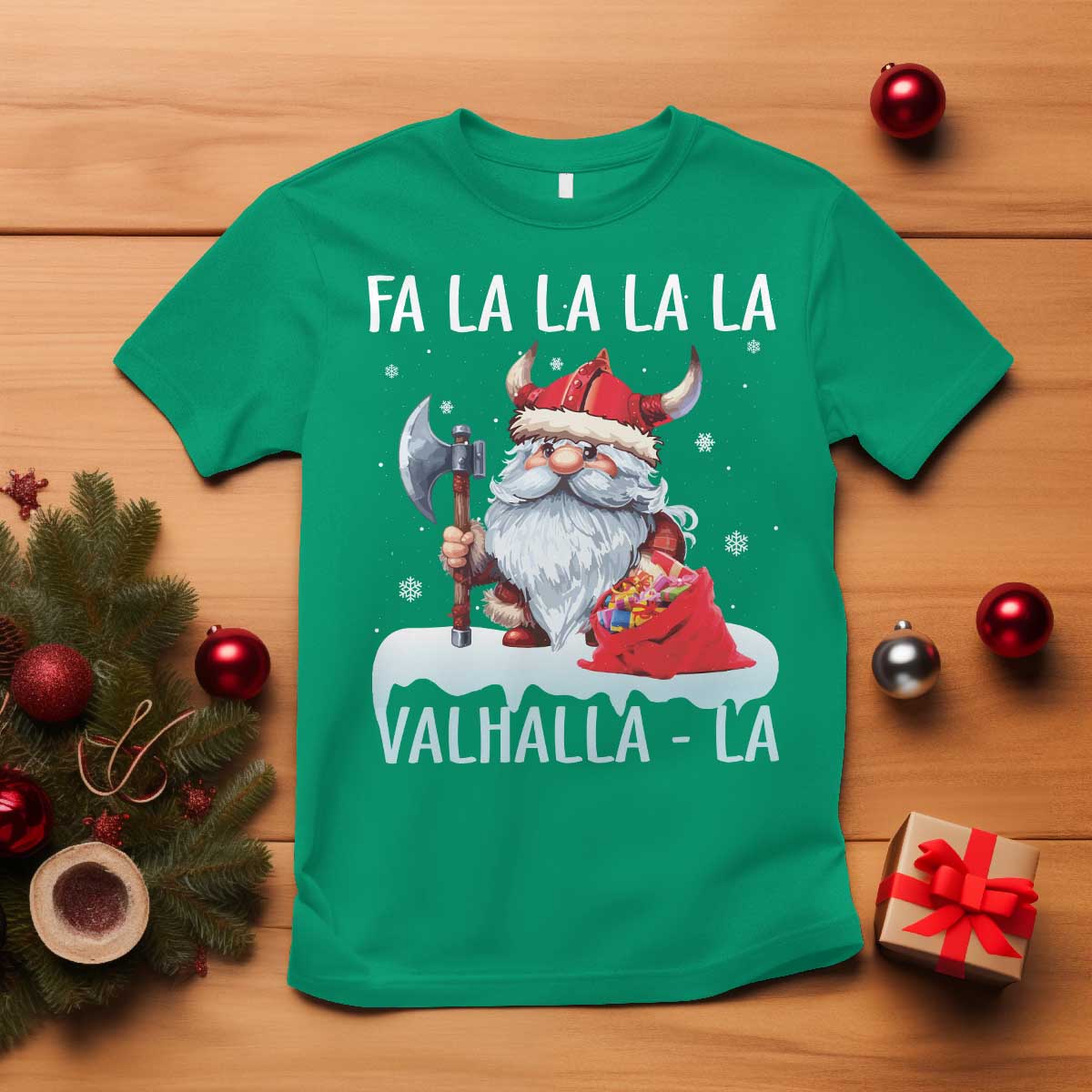 Viking Christmas T Shirt Fa La La La Valhalla La Viking Santa Gnome TS11 Irish Green Print Your Wear