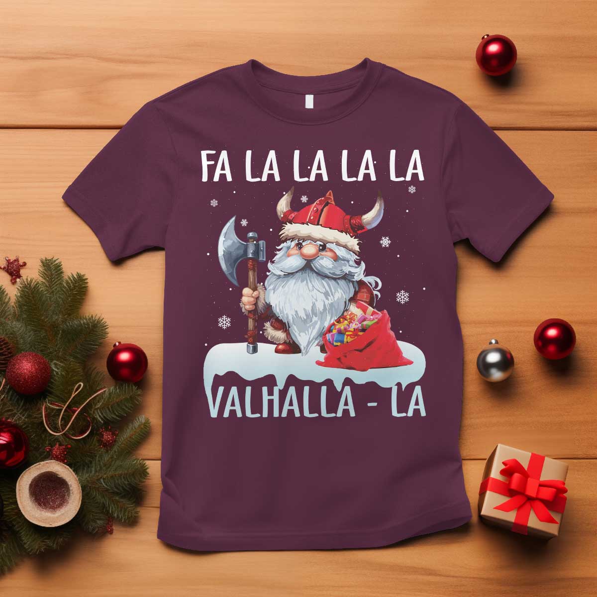 Viking Christmas T Shirt Fa La La La Valhalla La Viking Santa Gnome TS11 Maroon Print Your Wear