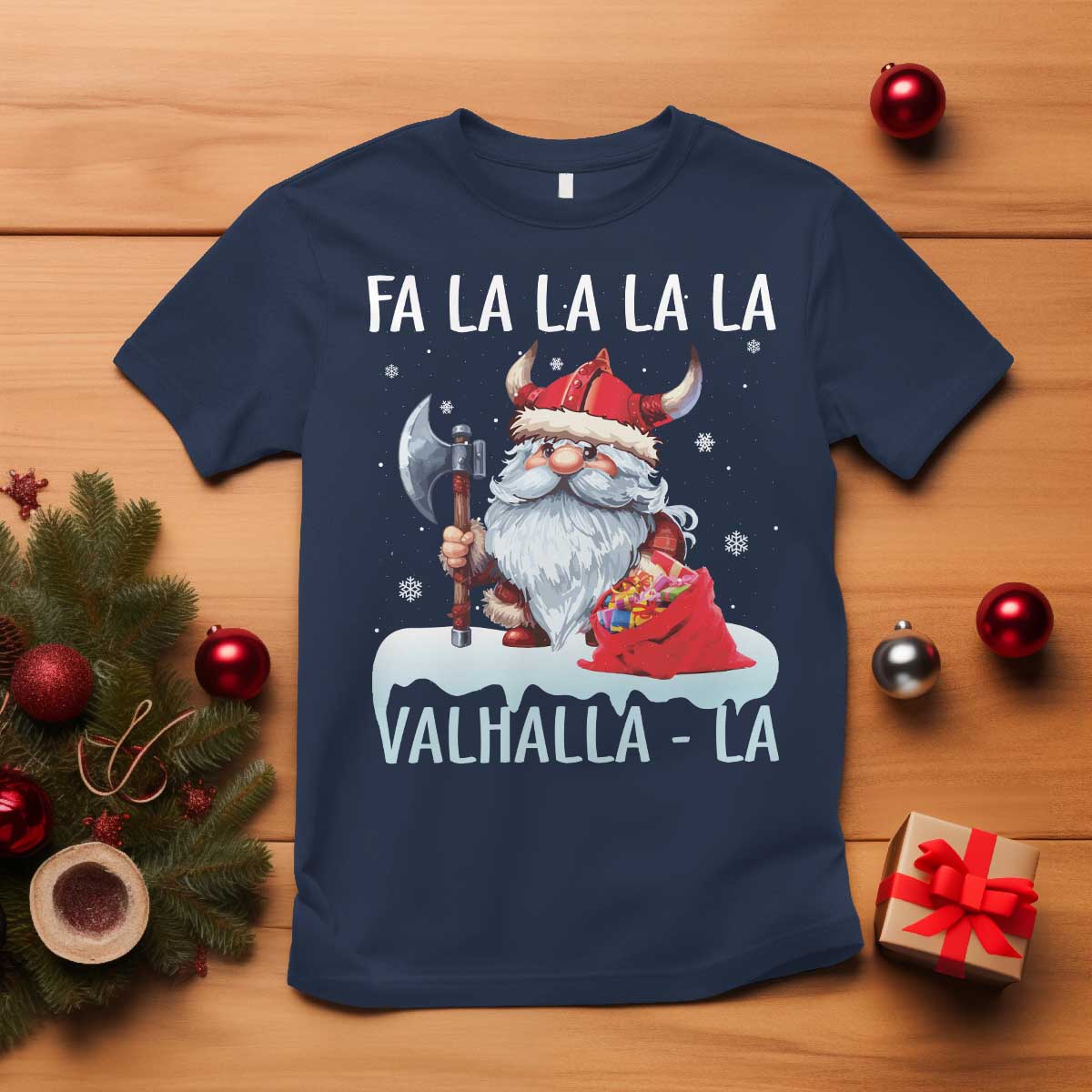 Viking Christmas T Shirt Fa La La La Valhalla La Viking Santa Gnome TS11 Navy Print Your Wear