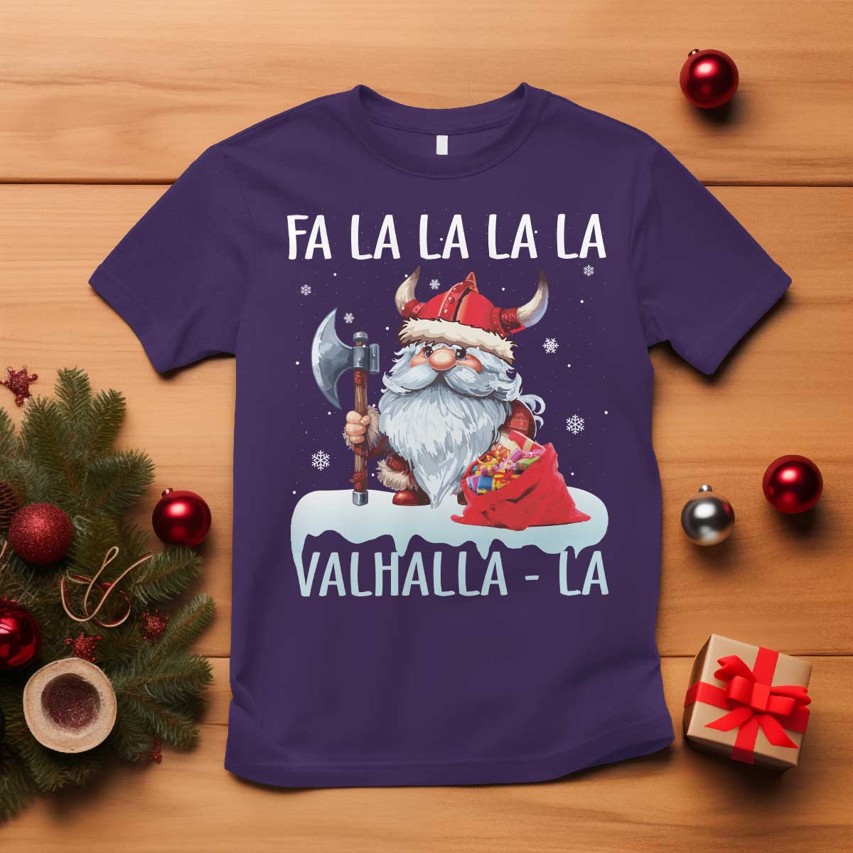 Viking Christmas T Shirt Fa La La La Valhalla La Viking Santa Gnome TS11 Purple Print Your Wear