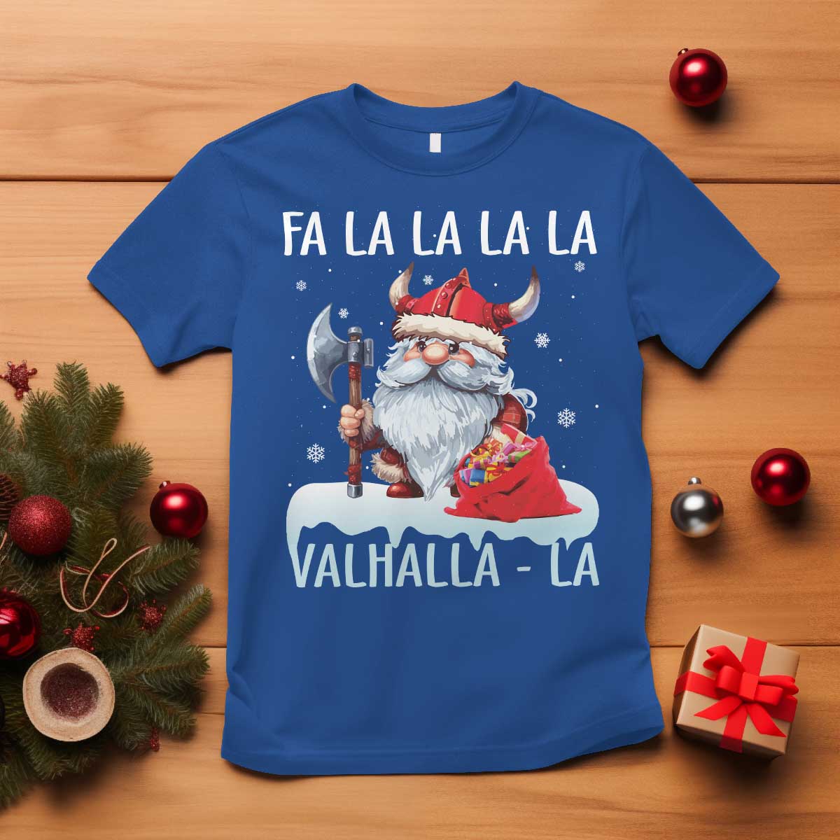 Viking Christmas T Shirt Fa La La La Valhalla La Viking Santa Gnome TS11 Royal Blue Print Your Wear