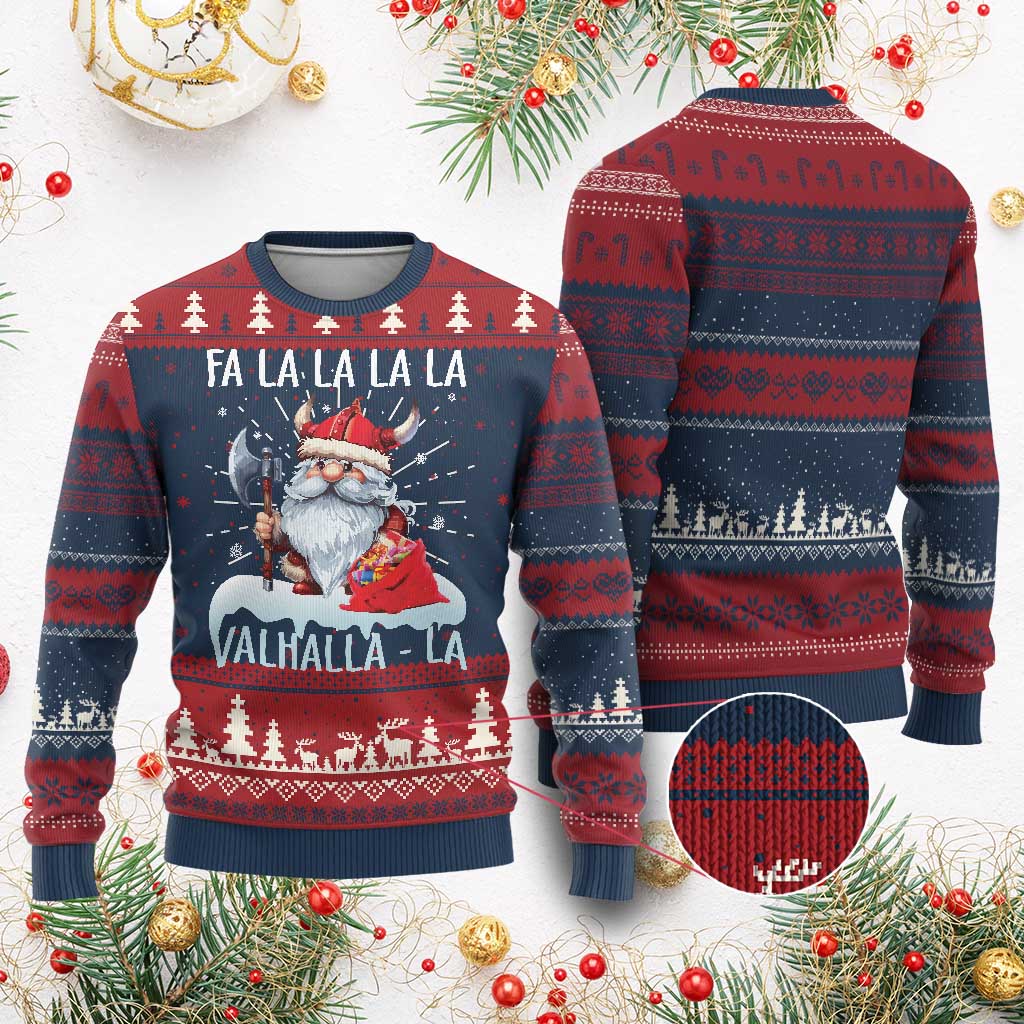Viking Xmas Ugly Christmas Sweater Fa La La La Valhalla La Viking Santa Gnome TS11 Burgundy Print Your Wear