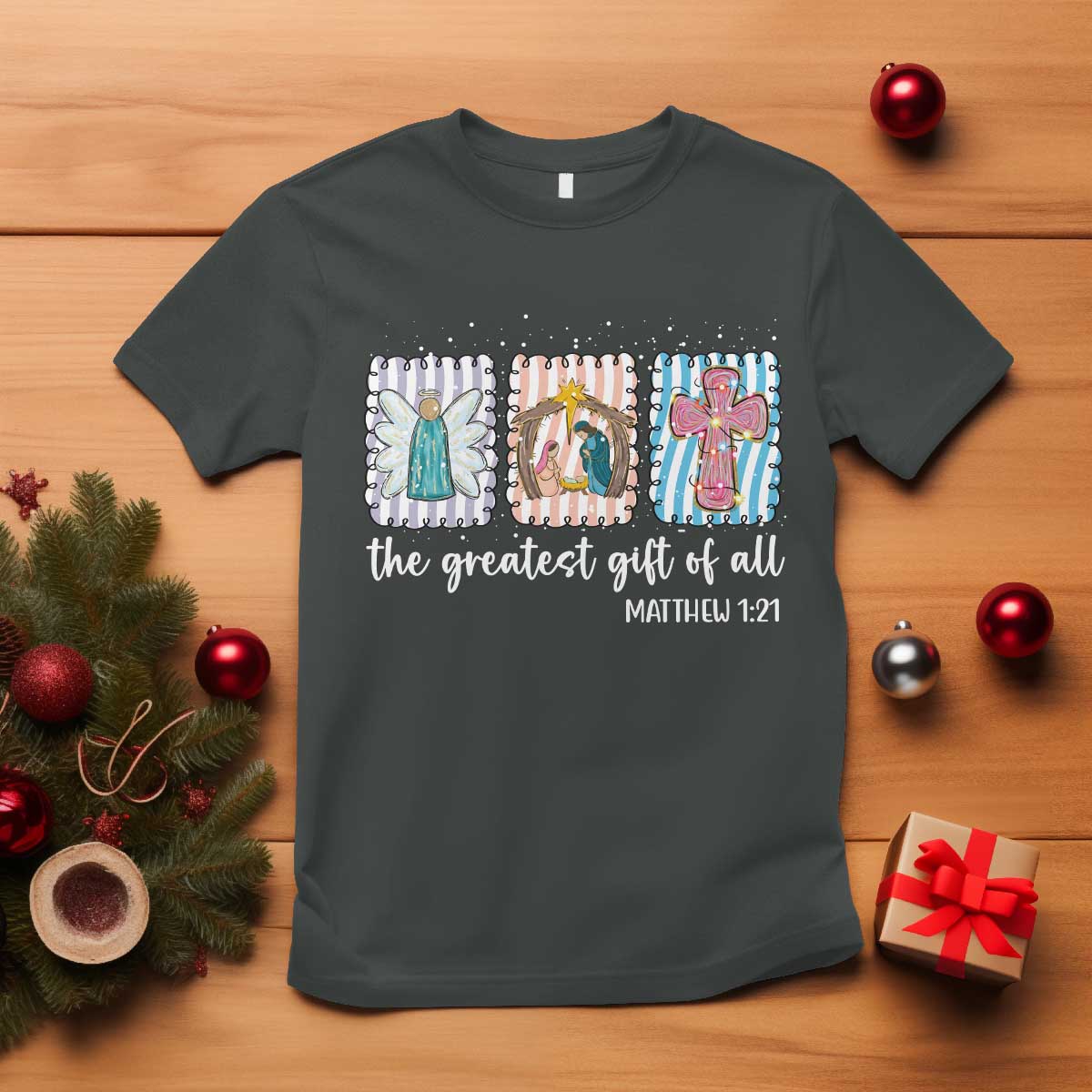 Christian Christmas T Shirt The Greatest Gift Of All Jesus Nativity Scene TS11 Dark Heather Print Your Wear