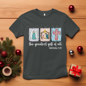 Christian Christmas T Shirt The Greatest Gift Of All Jesus Nativity Scene TS11 Dark Heather Print Your Wear