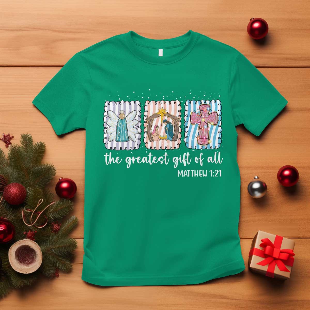 Christian Christmas T Shirt The Greatest Gift Of All Jesus Nativity Scene TS11 Irish Green Print Your Wear