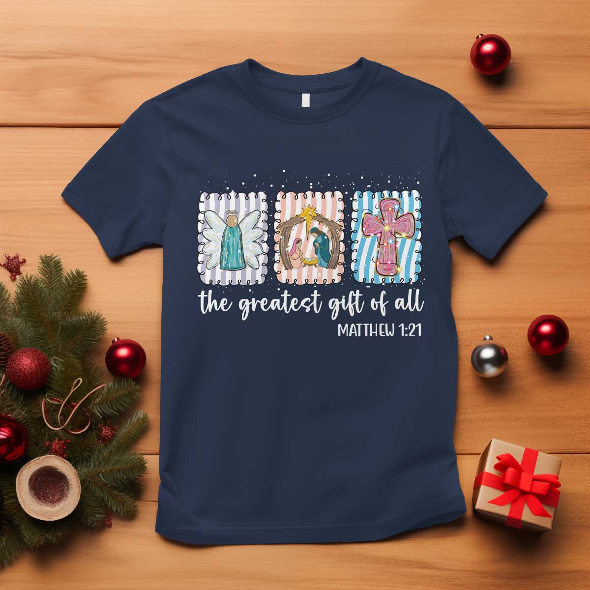 Christian Christmas T Shirt The Greatest Gift Of All Jesus Nativity Scene TS11 Navy Print Your Wear