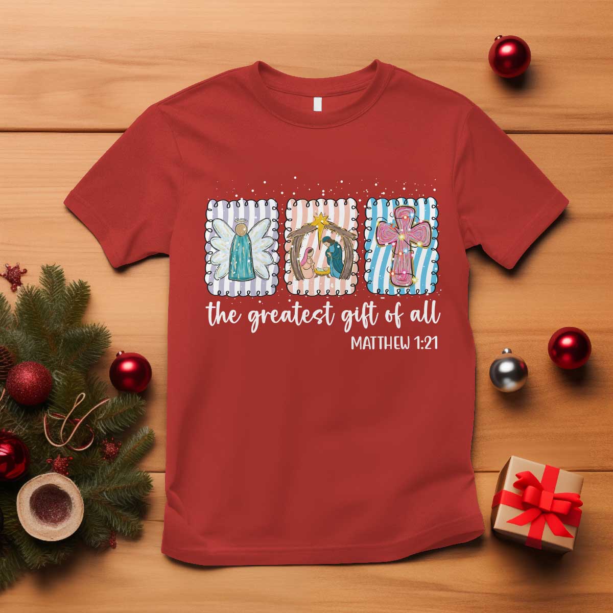 Christian Christmas T Shirt The Greatest Gift Of All Jesus Nativity Scene TS11 Red Print Your Wear