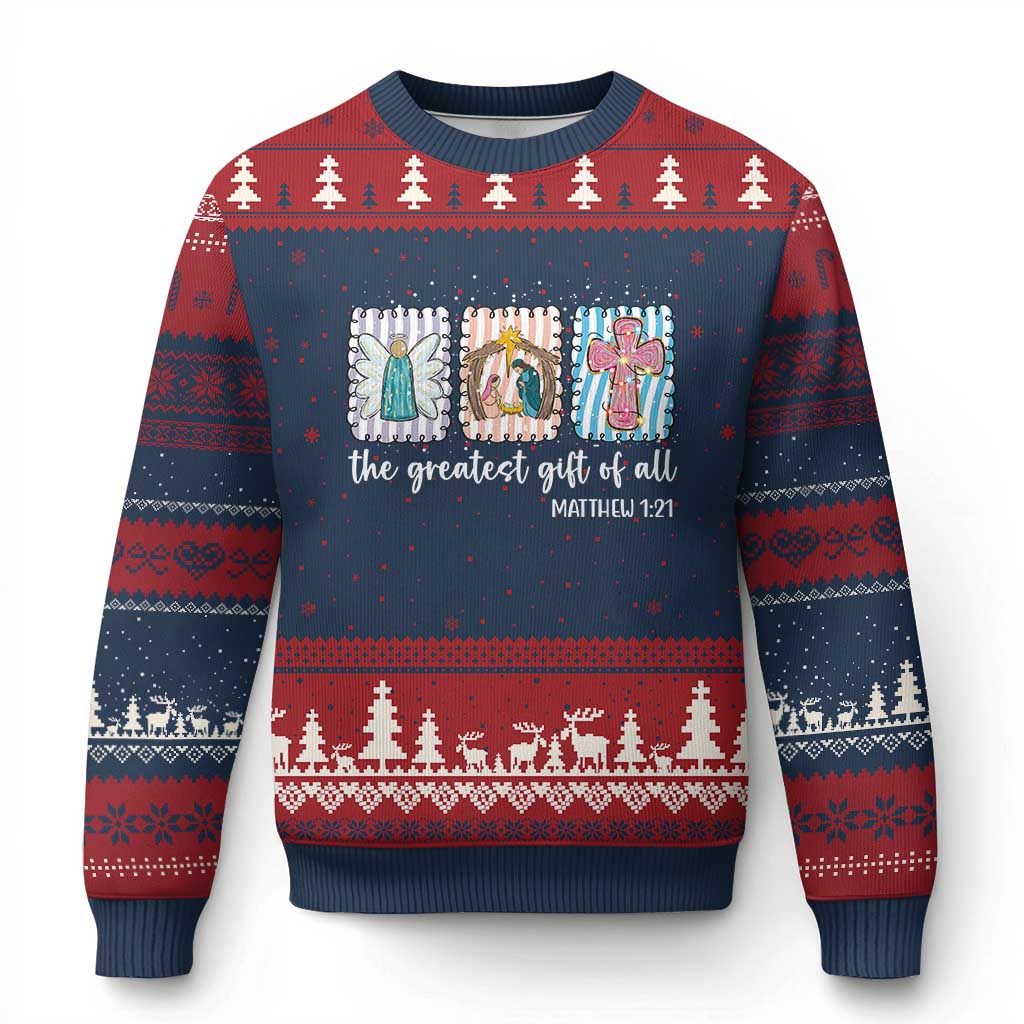 Christian Christmas Ugly Christmas Sweater The Greatest Gift Of All Jesus Nativity Scene TS11 Navy Red Print Your Wear