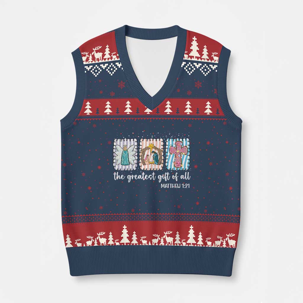 Christian Christmas V-Neck Knit Sweater Vest The Greatest Gift Of All Jesus Nativity Scene TS11 Navy Red Print Your Wear