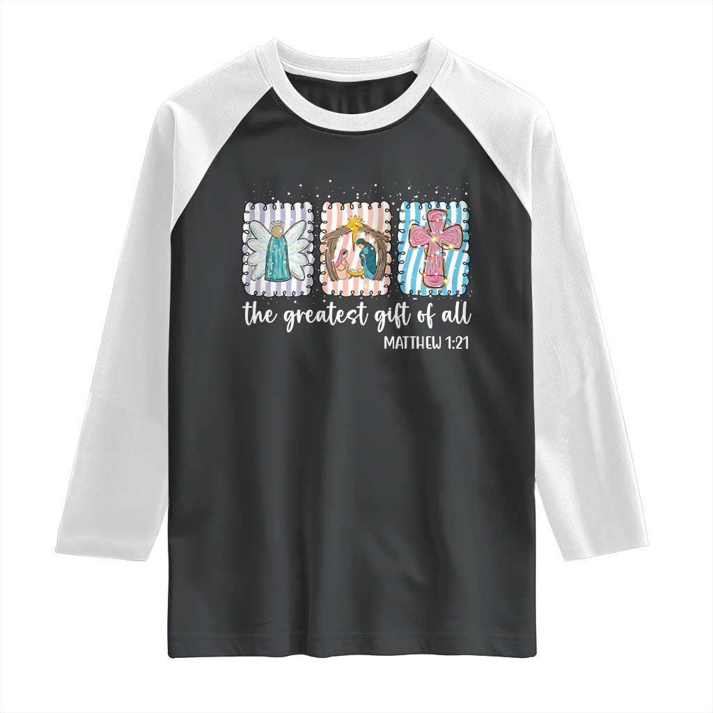 Christian Christmas Raglan Shirt The Greatest Gift Of All Jesus Nativity Scene TS11 Black White Print Your Wear