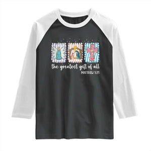 Christian Christmas Raglan Shirt The Greatest Gift Of All Jesus Nativity Scene TS11 Black White Print Your Wear
