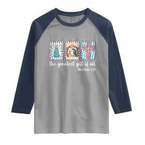 Christian Christmas Raglan Shirt The Greatest Gift Of All Jesus Nativity Scene TS11 Sport Gray Navy Print Your Wear
